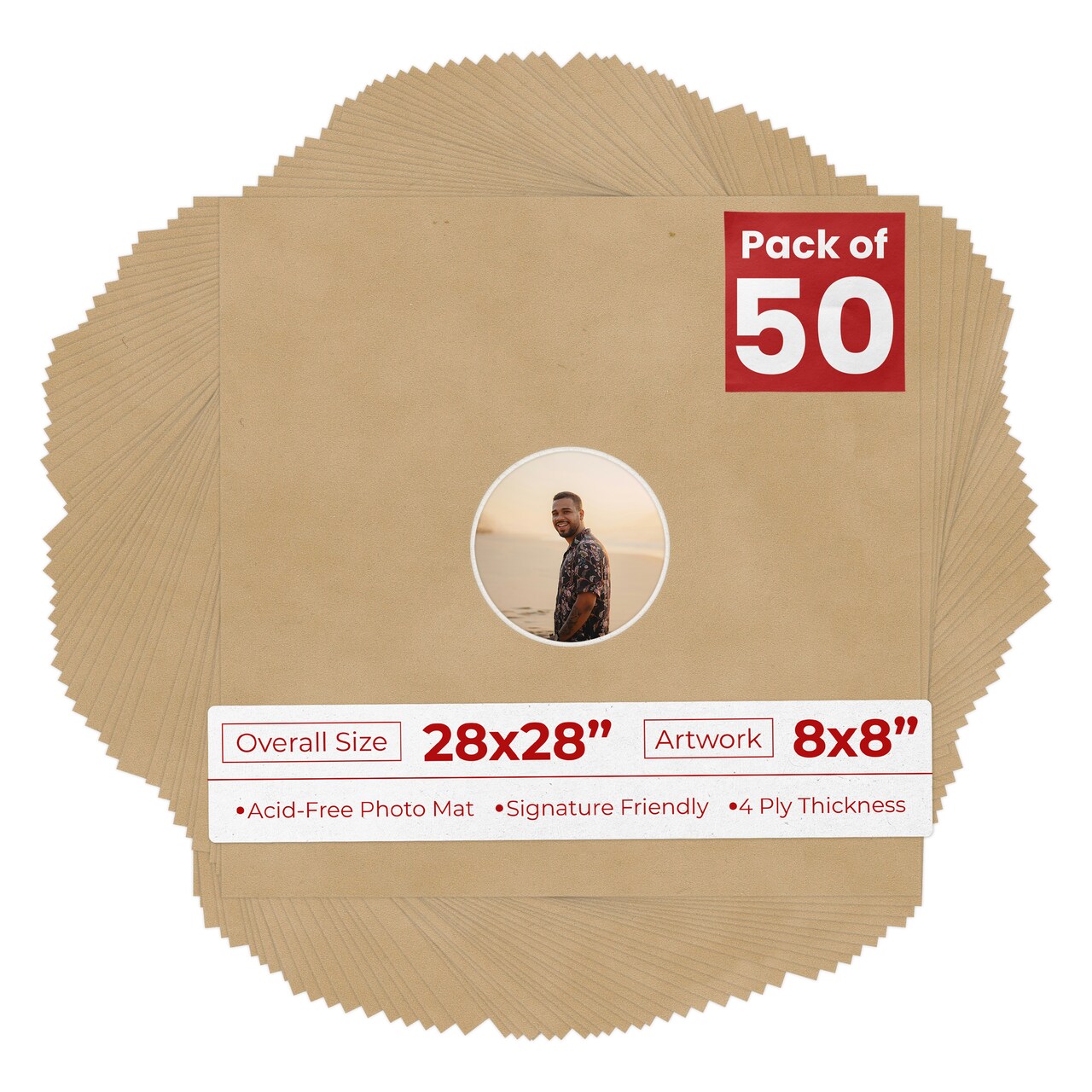 Beige Suede Mat Board for 28x28 Frames - Circle Opening for 8x8 Photos
